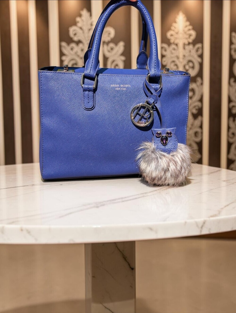 Henri Bendel West 57th Blue Turnlock Saffiano Leather Satchel Handbag Bag (EUC)